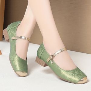 Leather New Chinese Style Single Shoes Womens New Soft Soles Retro Block Heel with Skirt Color Block Heel Shallow