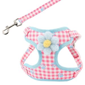 LABAICAI Soft Mesh Dog Harness Leash Set Vest Type Breathable Cat Traction Rope Pet Supplies Escape Vest Fashion Plaid Harness Small Medium Dogs