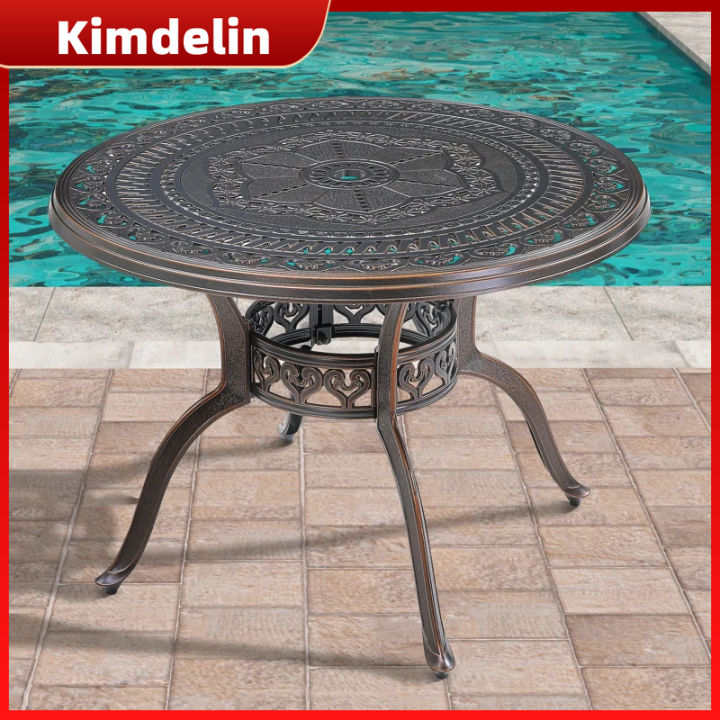 KIMDELIN Garden Bistro Table with Umbrella Hole, Outdoor Weatherproof Cast Aluminium Leisure and