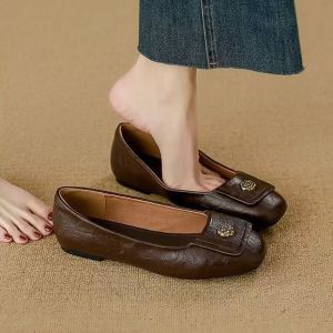 Free Shipping Retro Soft Leather Square-Toe WomenS Shoes 2026 Autumn New Collection Shallow-Cut Camellia Design Versatile Soft-Soled Slip-On Flats For Women
