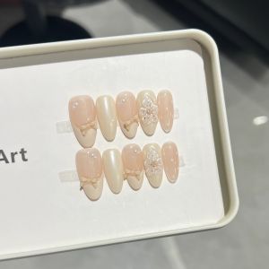 【Thủ công + Keo Dán miễn phí】móng tay nhân tạo hình bầu dục vừa nhẹ nhàng màu nude nơ Pháp chạm khắc chấm bi trị liệu bằng ánh sáng móng giả ấn trên móng tay tái sử dụng
