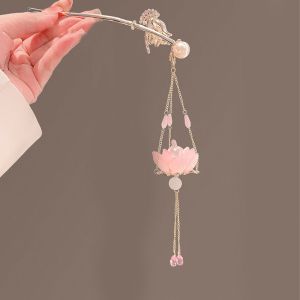 COPOTIYA Hoa sen Tóc đèn lồng Ngọc Trai Tua rua Kẹp tóc Hoa Sen dạ quang Ngọt ngào Đính cườm Nĩa tóc đèn LED Hanfu