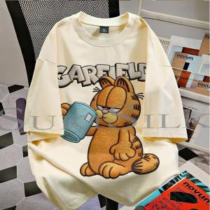 COD SUKISILK Cute Orange Cat Embroidery Chest Sleeve Print Loose Oversized Women Short Sleeve .c