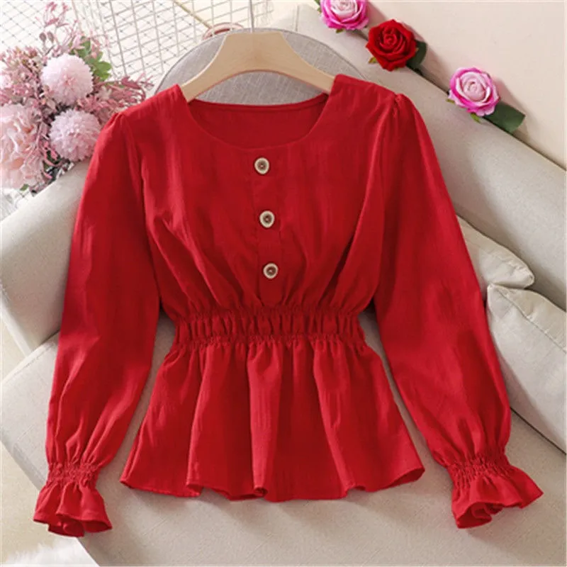 Blouse top Korean Style Women Long-sleeved Solid Color Shirt Flared Sleeve