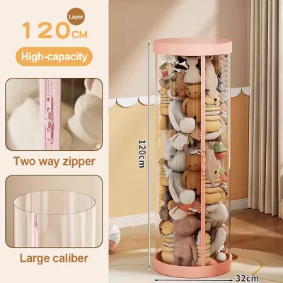 90/150cm Doll Storage Bucket Plush Toy Storage Box Toy Organizer Zipper Style Transparent PVC Tube