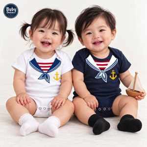 Baby Sailor Onesie Nautical Costume Romper for Boys Girls Cotton White Navy Blue Photoshoot Outfit