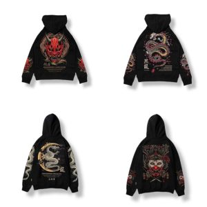 Hoodie Desain Naga Hitam & Sweater Pullover Hoodie Jepang