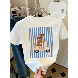 PLMM Women Korean Style Retro Striped Dog Print T Shirt Round Neck Short Sleeve Casual Summer Top Medium Elastic Fit Machine Washable Soft Cotton Tee for Everyday Wear