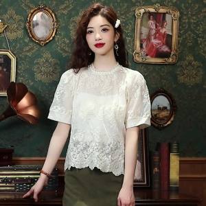 Ammin 2024 mùa hè mới pháp ngọc trai lưới cổ tròn thêu ngắn tay móc áo blouse ren phụ nữ của phiên bản hàn quốc hoa ngọt ngào thiết kế thêu áo blouse thanh lịch