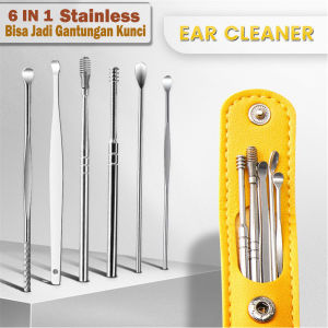 Atdiva Set Alat Korek Kuping Isi 6 Bahan Stainless / Pembersih Telinga 6in1 Dengan Pouch Kulit