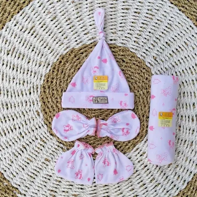 4 In 1 Bedong Set Topi Sarung Tangan Kaki Bayi Baru Lahir Newborn Motif Print Animal Talitababywear