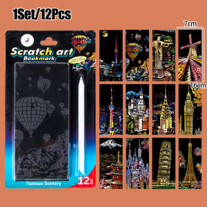 12PCS Paper Scratch Rainbow Bookmarks Handmade DIY City Scenery Scratch Off Gifts Children Art Painting Toys