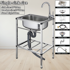 Kitchen 304 Stainless Steel Sink Double Washbasin Sink Rack with Faucet Set Thickened Floor Standing Sink Heavy Duty Kitchen Sink Complete Set Durable and Sturdy