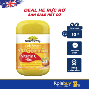 Kẹo dẻo Bổ sung Vitamin cho bé của Úc Natures Way Kids Smart Vita Gummies Vitamin C + Zinc 60 Viên