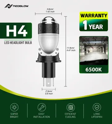 NeoGlow Motorcycle H4 LED Headlight 60W 12000LM Projector Lens Super Bright with Turbo Fan Cooling