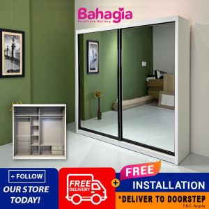 Free Install  White 6x8ft & 8x8ft Anti-Jump Sliding Door Wardrobe - Melamine Board - Wardrobe Clothes Cabinet - Bahagia Almari Baju - Bedroom ~ 衣橱 131