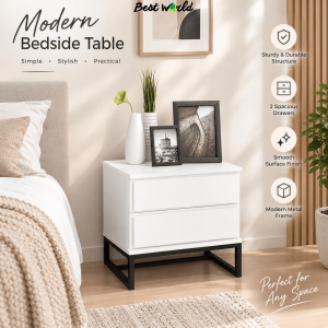 Best BARROS Side Table in 2 Drawers with Metal Frame Leg - NS 8017 (White / Espresso)