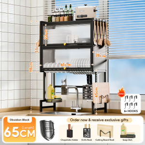 MODOFO Space Saving Double-Layer Drainage Storage Organizer Rack Multifunctional Covered Dish Rack Plate Drying Metal Dish Cabinet
