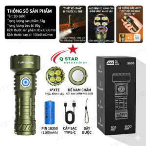 Đèn Pin Mini Siêu Sáng TUBUZHE S 690 Trang Bị 4 Led Full Kim Loại Sáng 1100lumen Kèm Pin 18350 Sạc Type-C