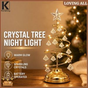 Keranixy Crystal Tree Night Light Electroplated Iron Metal Table Decor Warm Glow Christmas Gift Gold
