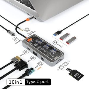 LONGB 10 in 1 USB C Hub 4K30Hz HDMI-Compatible USB C Dock Compatible Dual Monitor Multiport Adapter Office Home
