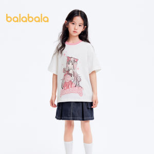 เสื้อยืดแขนสั้นเด็กผู้หญิง Balabala เสื้อเชิ้ตสีพื้น2024เสื้อผ้าหน้าร้อนใหม่เสื้อพิมพ์ลายสองหยวน
