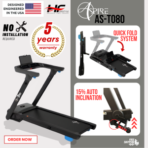Aspire T080 Foldable Treadmill w 5 Years Warranty (Foldable/2.0HP DC Motor/Wide Running Surface/ Bluetooth)