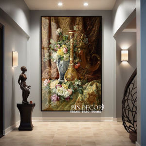 (HÌNH THẬT) Tranh treo tường bình hoa hồng cổ điển trang trí decor phòng khách nhà hàng