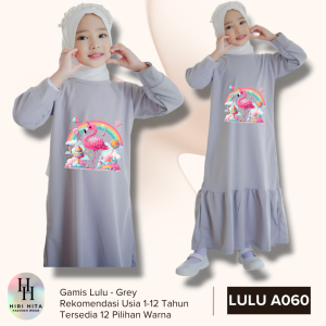 Hirihita Lulu A060 Baju Gamis Lulu Anak Perempuan Sablon Rainbow Flamingo 12 Warna 1-12 Tahun