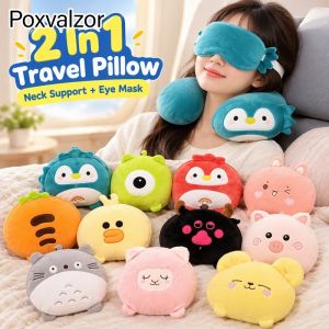 2 In 1 Travel Neck Pillow With Sleep Eye Mask Cute Cartoon Pattern Soft Portable For Car Airplane Office Lunch Rest