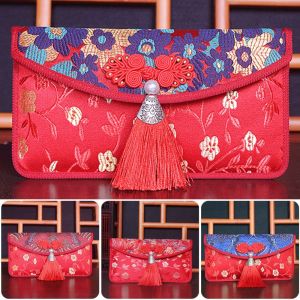 PUZHE Chinese Traditional Embroidery Word Lucky Money Happy New Year Spring Festival Wedding Betrothal Gift Bag Red Envelope Red Bag Red Packet