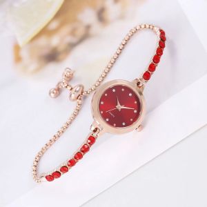 นาฬิกาทรงกลมประดับเพชรแฟชั่นสำหรับผู้หญิงนาฬิกาปรับสายรัดข้อมือโลหะผสมสแตนเลสไม่เสื่อมเสีย