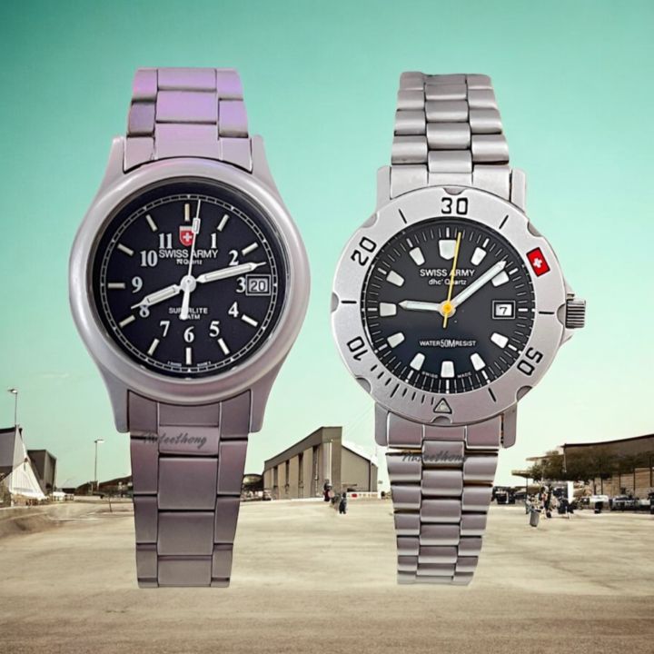 นาฬิกาข้อมือ SWISS Army S.A.W. Co Superlite Quartz รุ่น DC8054/1 หน้าปัดสีดำ ตัวเรือน สาย Stainless steel มีวันที่ SWISS MADE 1985