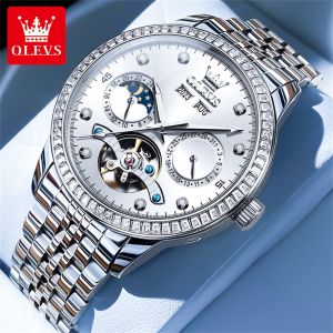 OLEVS watch for men machine original 2024 top luxury mens fully automatic 100% waterproof dual calendar luminous skeleton dial stainless steel watch for men