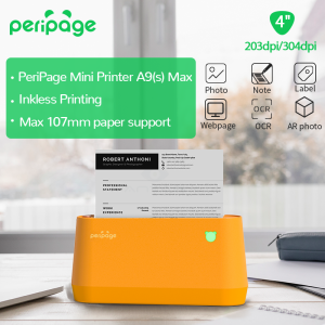 PeriPage A9s Max Portable Mini Thermal Printer Rechargeable A9 MAX 203DPI / A9s MAX 304DPI Bluetooth Wireless Photo Mobile Inkless Printer for A6 size 4-inch Waybill Printing Support 107mm/77mm/57mm Paper For Office and business Waybill.