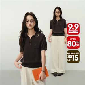 Giordano Women 【Online Exclusive】Patchwork plaid collared short-sleeved knit sweater with embroidered pockets Free Shipping 18356312