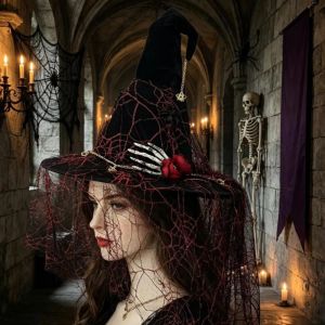 GAOSU Đen Mũ phù thủy Mạng che bằng lưới nhện Phong cách Gothic Mũ xô Rùng rợn Băng dán cổ điển Mũ cosplay Halloween
