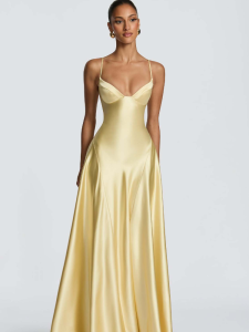 Elegant Satin Bustier Maxi Dress Women Yellow Spaghetti Strap V Neck A-line Dresses Summer Lady Evening Formal Vestidos New 20262026