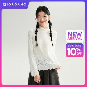 GIORDANO Women T-Shirts Lace Jacquard Trim Knit Tee Lettuce High Neck Long Sleeve Fashionable Casual T-Shirts 18326530