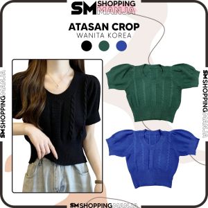 Crop Blouse Wanita Lengan Balon Bahan Rajut / Crop Short Sleeve Knit Atasan Wanita Lengan Pendek Polos / Baju Rajut Kekinian Fashion SM P371