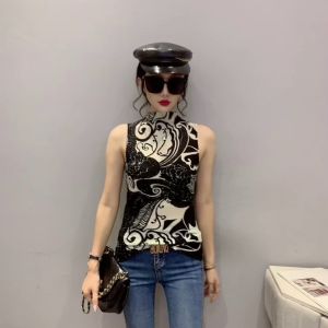 REHIN Áo Nữ Áo Thun Cổ Cao Không Tay In Chữ Áo Kiểu Nữ Mỏng Và Mỏng Áo Mùa Hè Thời Trang Mới