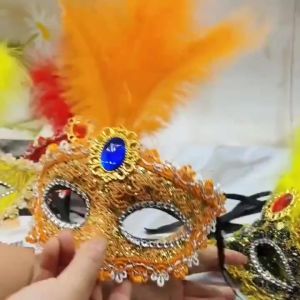 Elegant Masquerade Mask Black Feather Venetian Rhinestones Half Face Party