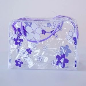 Clear PVC Floral Toiletry Bag Transparent Makeup Pouch Travel Bathroom Organizer