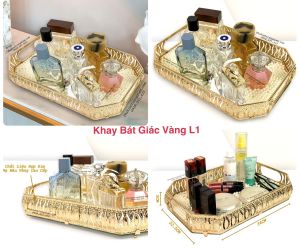 Khay Bát Giác Có Tay Cầm Đựng Nước Hoa Mỹ Phẩm Để Bàn - Màu Vàng Ánh Kim - Khay Kính Để Nước Hoa Sang Trọng Cao Cấp L1