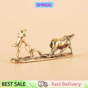 SHNGki 1 Piece Vintage Home Ornament Collection Of Tea Pet Brass Carving Handholds Metal Crafts Old Farmer And Cow Living Room Decoration