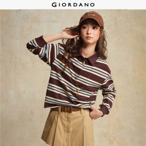 Giordano Women Contrast stripe long sleeve loose polo shirt Free Shipping 18315604