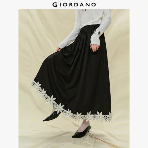 Giordano Women Contrast flower embroidery trim maxi skirt Free Shipping 18465831