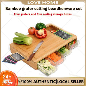Bamboo cutting board with kitchen drawer-style multifunctional chopping board including grater and vegetable sorting board (includes 4 drawer trays and 4 graters)