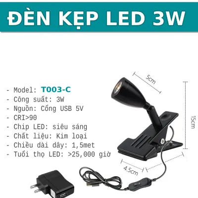Đèn rọi Led kẹp bàn đầu giường 3W Đèn đọc sách Đèn làm việc Soi tranh trang trí phòng khách Nhà hàng Khách sạn