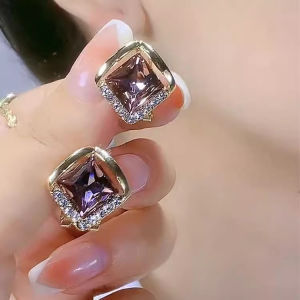 Diamond Purple Crystal Stud Earrings Needle Geometric Earrings ﻿